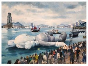 美國設計師Kaws的漂浮藝術作品Companion躺臥在添馬公園對開海旁，吸引不少市民和附近的打工仔前來「打卡」。圖為吳永順主席的繪畫作品。