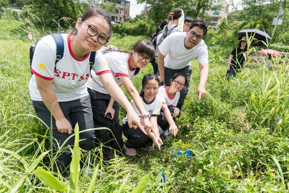 香港神託會培敦中學的老師和學生在軍地河，參與放流螢火蟲幼蟲活動。