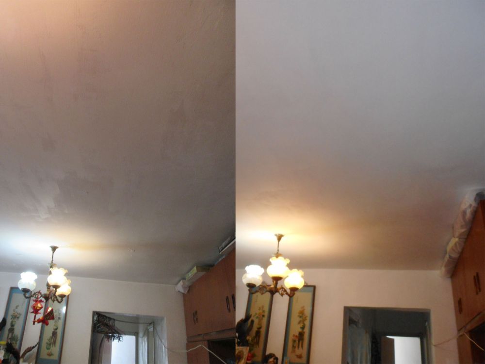 昔日屋內天花批盪（左圖）「撲」起，油漆出現裂紋，現為天花重新掃漆翻新，明顯有改善（右圖）。