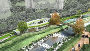 「河畔城市」的概念是藉着推行活化河道項目，以及在規劃新發展區時，加入活化水體設施，如構想圖中的河畔公園，為公眾提供高質素的公共空間，加強河岸的連繫性，促進人與人之間的互動。