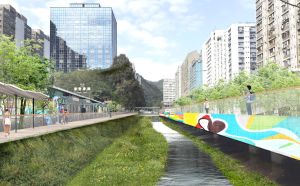 火炭明渠將活化成綠色的走廊，其另一特點是在不影響河道的排洪能力及管理的情況下，預留適當空間放置社區藝術品，供市民沿河岸觀賞。圖為活化後的構想圖。