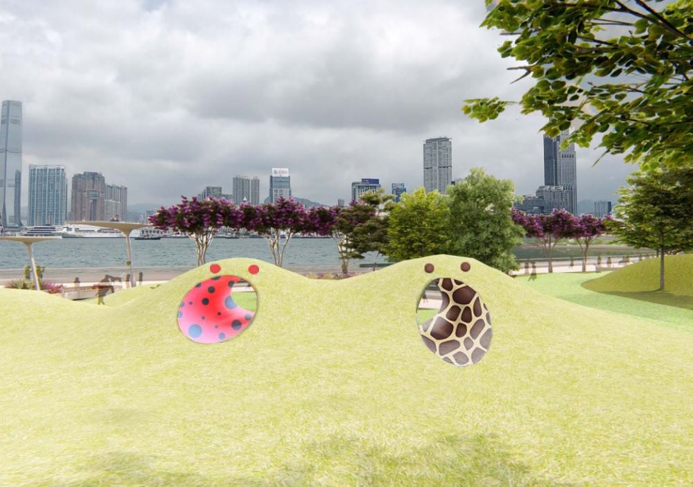 圖為建築署提供的「童樂園」構想圖和參考圖片，園內設有地形高低起伏的草坪、渠管隧道玩意、觀景小丘、涼亭等，適合一家大小休憩之餘，又可欣賞無敵海景。