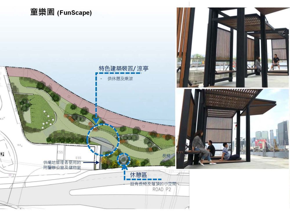 圖為建築署提供的「童樂園」構想圖和參考圖片，園內設有地形高低起伏的草坪、渠管隧道玩意、觀景小丘、涼亭等，適合一家大小休憩之餘，又可欣賞無敵海景。