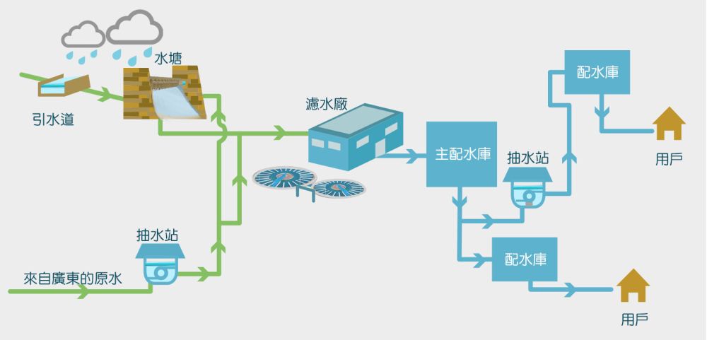 圖示香港的食水供應系統，包括三個主要程序：收集原水、經濾水廠處理和分配給用戶。