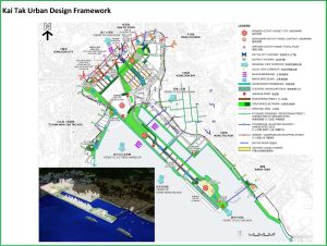 構想圖中的啟德跑道區海濱長廊，將設有讓行人和單車共用的共融通道。