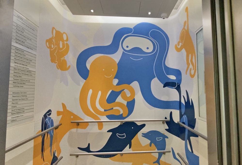 兒童醫院以動物貫穿整個建築設計，加上柔和色彩，有助紓緩病童緊張的情緒。