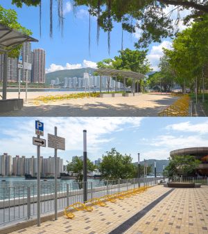 荃灣海濱段單車徑設有兩個休息處，分別位於荃灣海濱公園（上圖）及灣景花園（下圖）對出的海旁。