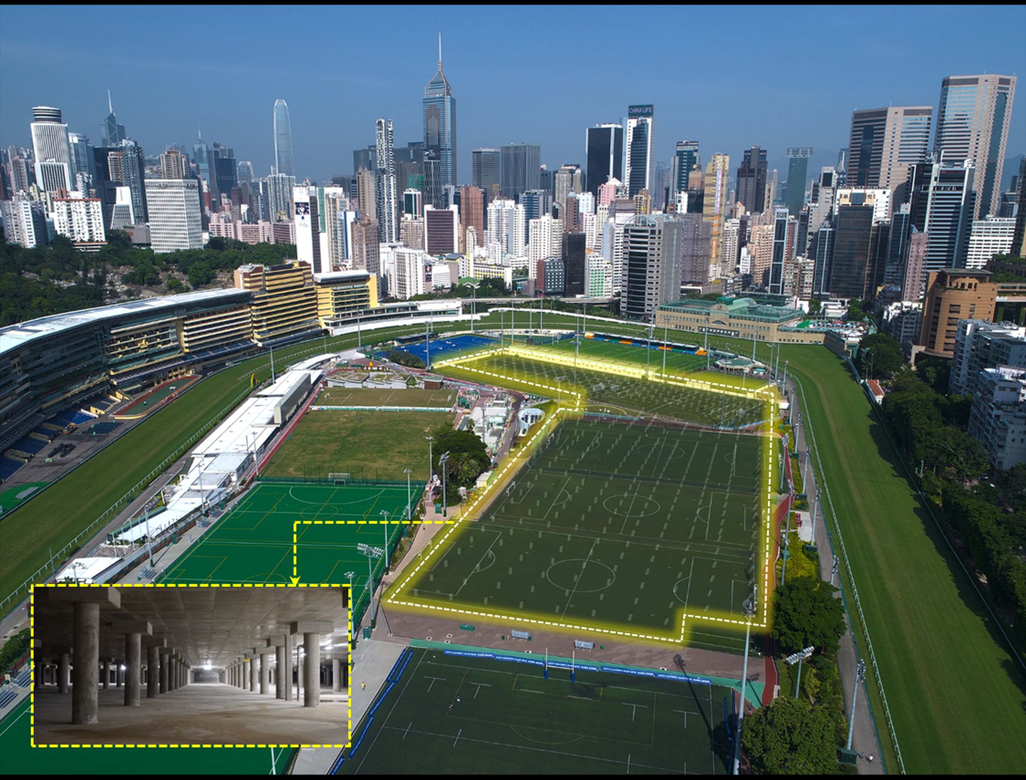 跑馬地地下蓄洪計劃2017年3月全面啟用。圖示計劃現址。內圖為計劃下的蓄洪池，容量達6萬立方米。