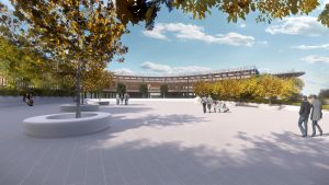 沙田石門安興里骨灰安置所整體規劃以綠化及園景營造安祥平和的氣氛，結合節能裝置和可再生能源技術，推廣綠色殯葬。圖為構想圖。