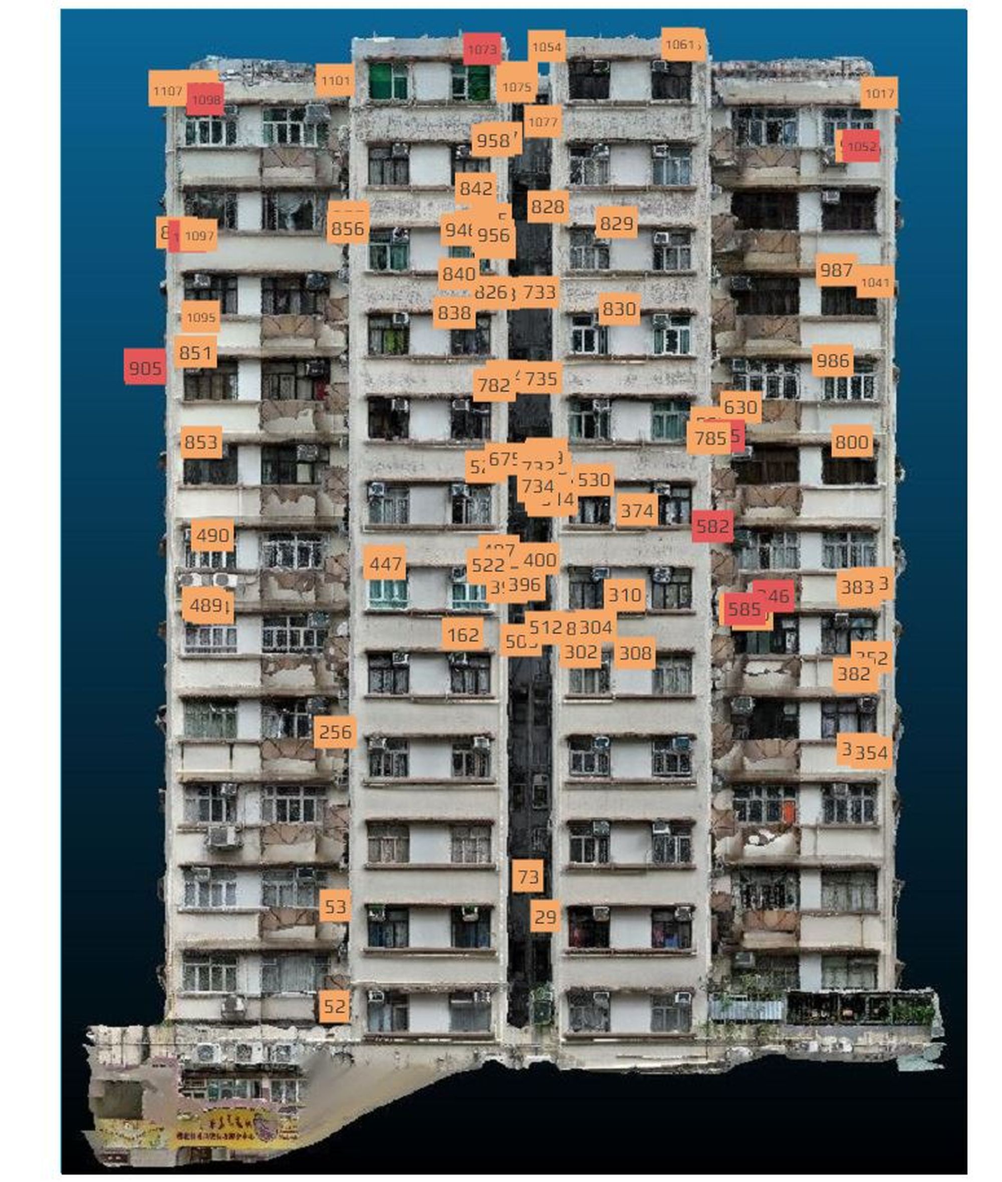 人工智能技術分析外牆破損位置，將欠妥部分分類及評估嚴重程度。