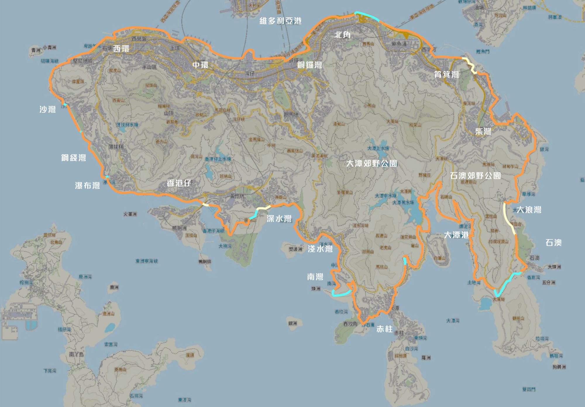發展局躍動港島南辦事處及土木工程拓展署攜手建造全長約60公里的「活力環島長廊」，目標是在2027年底前駁通九成（即圖示橙色及淺藍色部份），而至今已駁通八成路段（即圖示橙色部份）。