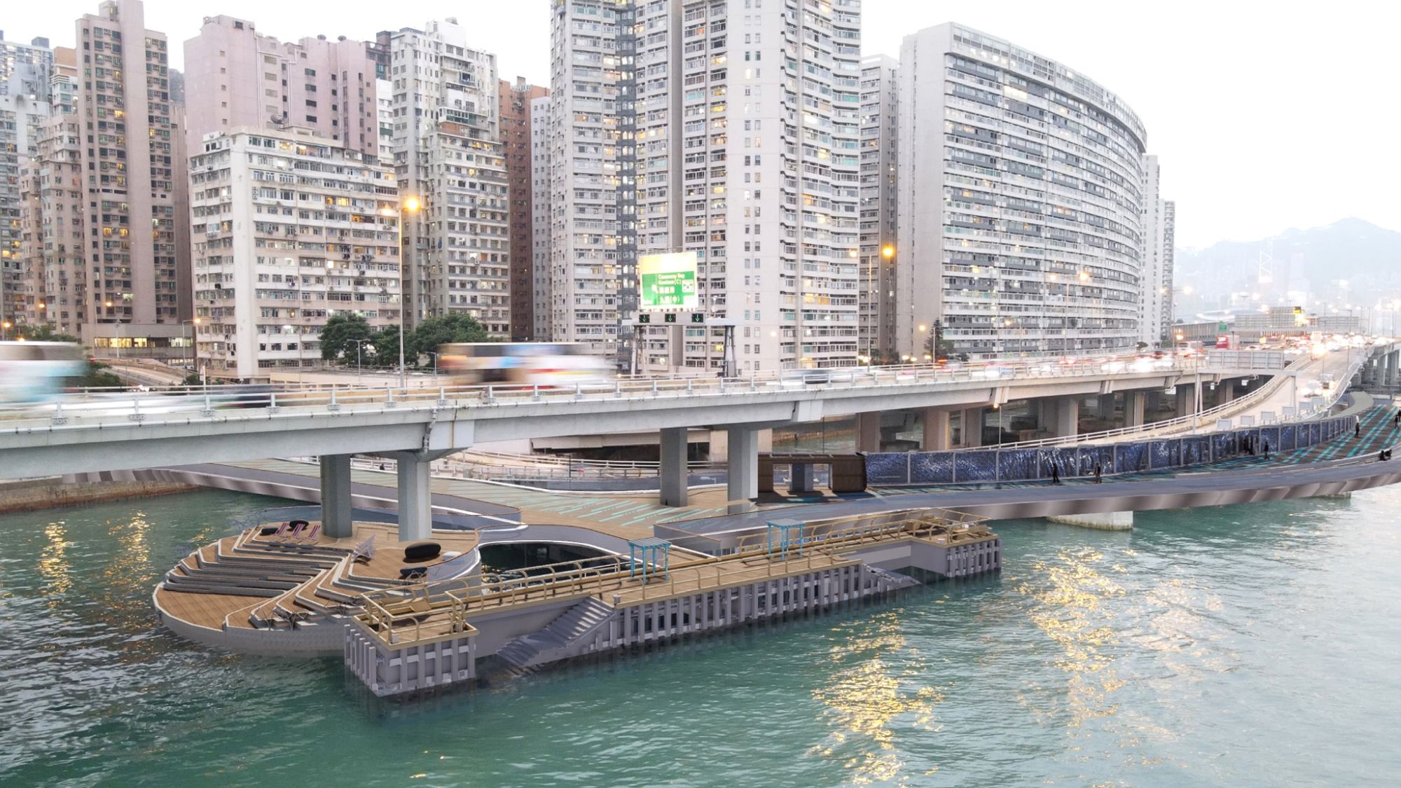 環島長廊的整體設計圍繞三個主要概念，第一是「以人為本、社區共融」，讓遊人享受親水、近水、觀水的體驗，增強人與海濱空間的連繫。圖為北角東岸板道（西段）。