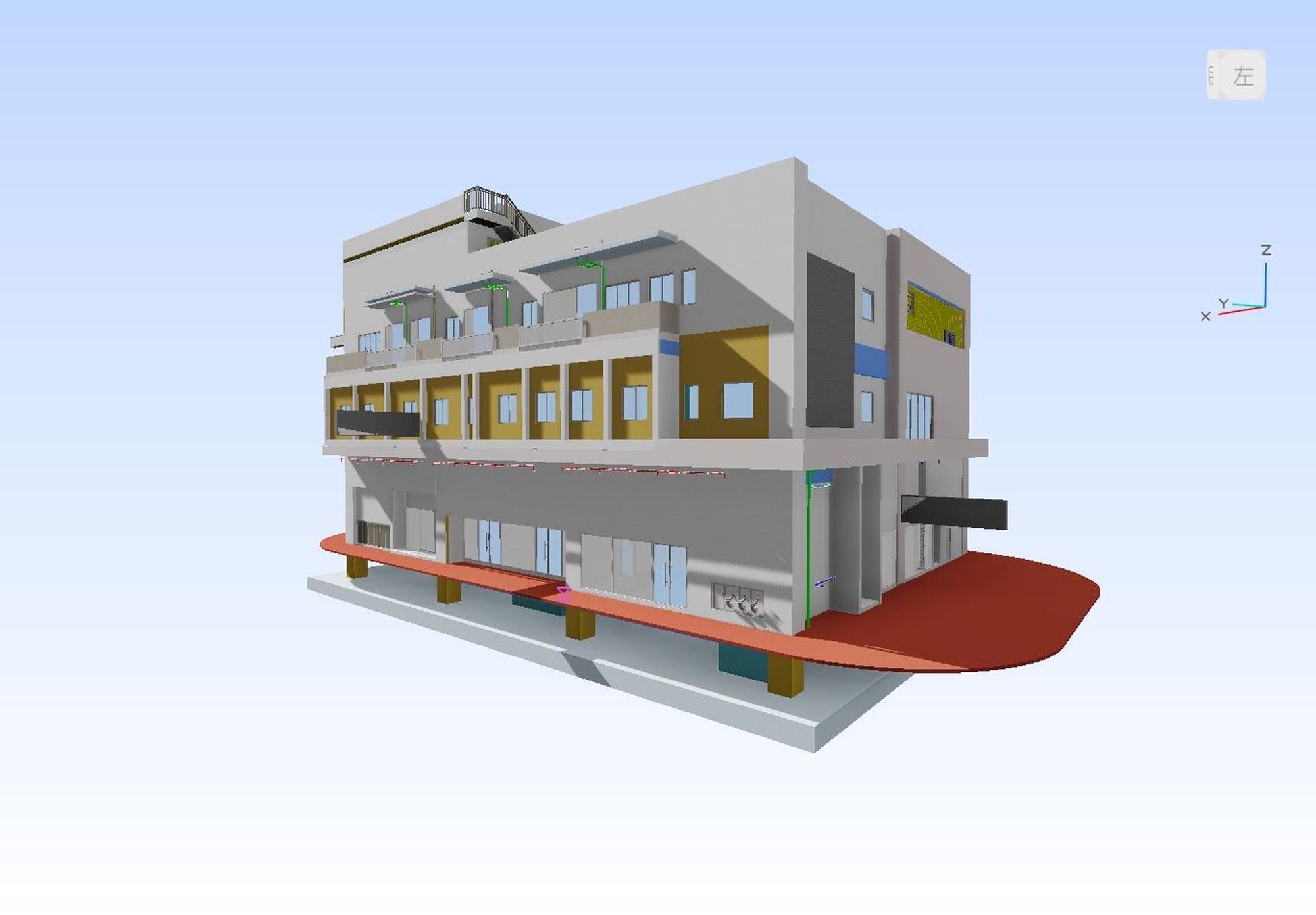 建築署於「缸瓦甫警察訓練設施」項目中，應用不同的BIM軟件進行設計建模、生成施工圖、偵測問題，以及計算建築成本，按工序選用最適切的工具，提升設計效率。圖示缸瓦甫警察訓練設施的BIM模型。