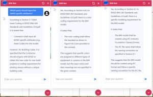 機電工程署亦正研究於政府場地內已備有BIM模型的機電設備，利用聊天機器人及大型語言模型，協助工程人員只需讀出語音指令，即可於數秒內快速由BIM模型及技術文件中搜尋所需資料。圖示模擬介面。
