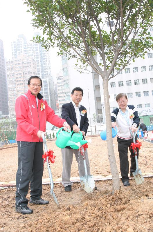 渠務署署長劉家強（中）今日（三月二十八日）在上環雨水抽水站舉行的植樹活動中，與立法會議員及中西區區議員甘乃威（左）和中西區區議會主席陳特楚主持植樹儀式。